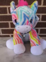 Build a Bear Rainbow Zebra 14" Plush Pattern Body-Pink Mane/Tail-Bell Collar