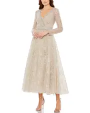 Mac Duggal Embellished Wrap Over Midi Dress 4 Brown
