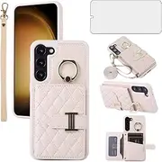 Phone Case for Samsung Galaxy S23 5G Wallet Cover with Screen Protector and Ring Stand Card Holder Slot Crossbody Strap Lanyard Leather Cell S 23 23S GS23 G5 SM-S911U 6.1 inch Women Girls Men Beige