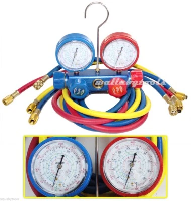 R134A R22 R12 R502 A/C Diagnostic Service 4 Valve Manifold Gauges W/ Hoses Set
