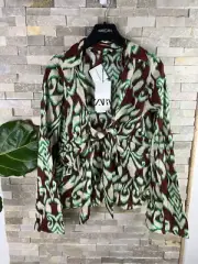 New Zara Women’s Size S Green Brown Floral Front Tie Top Blouse