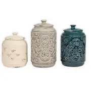 Drew Derose Ceramic Distressed Quilt Pattern Blue Grey Cream 3 Pc Canister Set