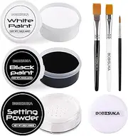 BOBISUKA Black & White Face Body Paint + Setting Powder + 3PCS Brushes Face Painting Kit for Adult Professional Oil Based Facepaint For Halloween Clown Skeleton Vampire Skull Joker Cosplay SFX Makeup