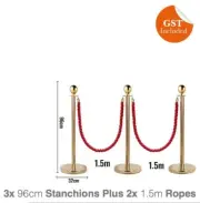 3 Gold Queue Barriers Stand Post 2 TWISTED Rope Crowd Control Bollards Stanchion