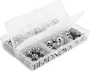 BEADNOVA 60pcs 8mm Tibetan Silver Round Hollow Spacer Charm Beads for Jewelry Findings Making with Free Plastic Container Mix Lot Box Set Assortment