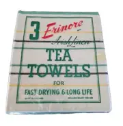 Vintage Erinore Irish Linen Tea Towels Black Yellow Green Stripe 3 Piece NOS