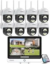 ZOSI 2K 8CH WiFi Security Camera Wireless Outdoor System with 12.5in LCD Monitor,Color Night Vision,2 Way Audio,Human Detection,8pcs 3MP Pan/Tilt Home Indoor Cameras,2TB HDD with 24/7 Video Recording