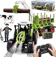 BuzzoXerex Remote Controlled Tractor, 2.4 GHz RC Tractor with Trailer and Light, 1:16 Tractor, Remote Controlled with Tree Trunks, Cow and Hay Bales, Farm Tractor Toy from 3 4 5 6 Years
