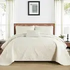 Cream Quilt Queen Set, Lightweight Ultrasonic Bedspreads Soft Modern Geometri...