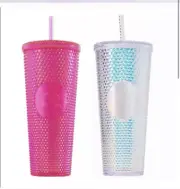 Starbucks Studded Tumblers Pink & Silver Cold Cup 24 oz Set Of 2 NEW