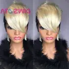 Honey Blonde Ombre Wavy Short Pixie Cut Human Hair Wig With Bangs Fashion Beauty