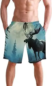 [XYMZR] Men's Swim Trunks Moose Black Blue Forest Quick-Dry Bathing Suit Swimming Board Shorts S