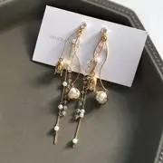 Faux Pearl Flower Drop Earring Stud Earring - 1 Pair - S925 Silver Stud - Long - Gold - One Size