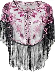 [changyexi] 1920s Vintage Lace Sequined Shawl, Women Wraps and Shawls Formal,Black Fringe Trim, Gold Floral Evening Wrap