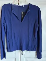 Anne Klein Blouse Womens Medium Blue Long Sleeve Vintage Rayon Nylon