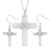 STUNNING!! White Jade Cross Earrings & Necklace Set Rhodium Plated Sterling