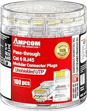 AMPCOM 100-Pack CAT6 RJ45 Pass Through Connectors, Gold-Plated Ethernet Plugs for Solid/Stranded 23-26AWG UTP Ethernet Cables