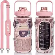 pureV Half Gallon (2L) Water Bottle With Sleeve Pocket Holder - Inspirational Water Bottle with Straw, Time Marker, Insulated Neoprene Sleeve - Daily Hydration and Sports, Workout (Pink)