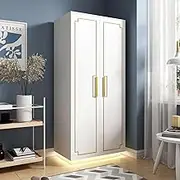 Wardrobe Clothes Storage Cabinet with LED Closet 2 Doors Armoire Cupboard Wooden Bedroom Furniture Bedding Organiser Coat Rail Gold Metal Handles White