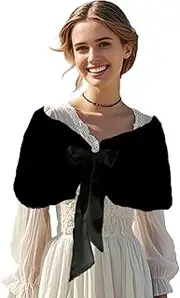 [Xvbhaq] Stole Women's Faux Fur Warm Winter Furry Jacket Black Bow Style Boleros for Daily Festive Evening Dress Bride, black, One size