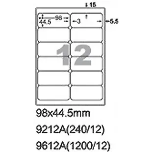 阿波羅 98x44.5mm 切圓角 NO.9612A 12格 A4 雷射噴墨影印自黏標籤貼紙 100大張入