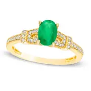 Oval Emerald and 0.17 CT. T.W. Natural Diamond Collar Antique Vintage-Style Ring in Solid 10K Yellow Gold