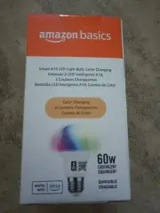 Amazon Basics Smart A19 LED Light Bulb, Color Changing, 2.4 GHz Wi-Fi, 60W