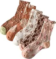 [ZHITE] 5 Pairs Floral Socks Women Nordic Stripe Textured Flower Cotton Socks, Girls Vintage Cute Flower Sweet Socks