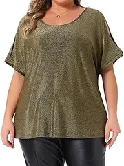 [Agnes Orinda] Plus Size Womens Sequin Tops Cold Shouder Short Sleeve Glitter Party Shirt Sparkle Club Night Blouse Sexy
