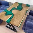 Green Epoxy Table, Dining Epoxy Table, Live Edge Walnut Epoxy Wooden Table Top