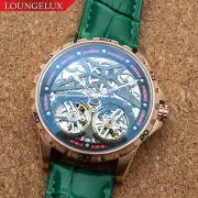 Mens Rose Gold Double Flywheel Skeleton Automatic Mechanical Watch Green Leather