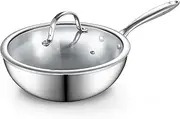 Cooks Standard Multi-Ply Clad Stainless Steel Wok Stir Fry Pan, 10.5 inch Induction Wok with Lid, Flat Bottom Wok, Silve