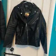 Boohoo Quilted Sleeve Leather Look Biker Jacket