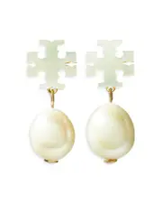 Tory Burch Kira Mother Of Pearl Double T & Cultured Freshwater Pearl Earrings in Gold Tone