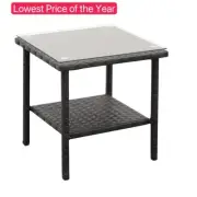 Outdoor PE Wicker Side Table, Square Patio Table with Glass Top Furniture