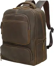 Masa Kawa Large Full Grain Leather 17.3" Laptop Backpack Bag for Men Vintage Brown Business Travel Work Casual Daypack Rucksack, Brown, Large, Laptop Backpack