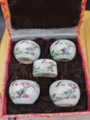 1set 5pcs Asian Bamboo Bird Cage Flower Red-crowned Crane Ceramics Cups 70302