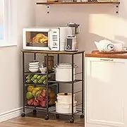 Rolling Microwave Cart with Storage, Microwave Stand with Drawers, Kitchen Storage Rack On Wheels, Kitchen Storage Cart Shelves Organizer Used As Bakers Rack Coffee Bar Station Kitchen Island Cart