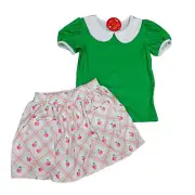 NWT Sugar Bee 5T Green Peter Pan & Plaid Peaches Skirt Set