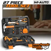 27 Piece Household Tool Set Cordless Drill Pliers Hammer Orange w/Bits Toolbox