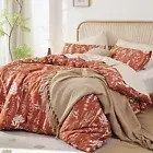 Cover Queen Size Terracotta 3 Pieces Boho Duvet Cover with White Botanical