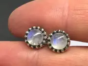 Rainbow moonstone round stud earrings, bobble, solid Sterling silver, box.
