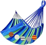 GOCAN Brazilian Double Hammock 2 Person Extra Large 220x160cm Total Length 330cm Load 500lb Canvas Cotton Hammock for Patio Porch Garden Backyard Lounging Outdoor and Indoor(Blue/Green) XXL