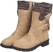 [Sinzelimin] Womens Winter Boots Chunky Heel Round-Toe Snow Boots Side Zip Back Strap Plus Size Hiking Booties Calf Flock Boots