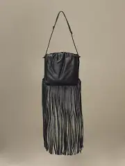 BOTTEGA VENETA The Fringe Pouch solid black soft leather shoulder bag authentic