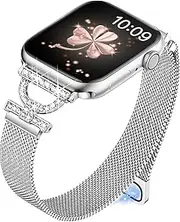 [Vamyzji] Compatible with Apple Watch Band 42mm(Series 10) 41mm 40mm 38mm, Silm Fashion Bling Magnetic Milanese for Apple Watch Series 10 9 8 7 6 5 4 3 2 1 SE, Thin Metal iWatch Strap for Women Girl