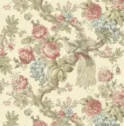 Wallpaper Red Blue Tan Green Floral Vine with Pheasant on Faux, 60 Sq Ft Bolts