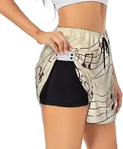 [WURTON] Musical Note Floral Print Exercise Gym Workout Shorts Women's Athletic Shorts Dual-Layered Yoga Running Shorts