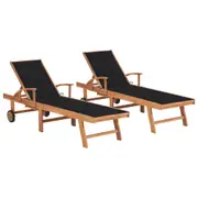 Sun Loungers 2 pcs with Black Cushion Solid Teak Wood vidaXL