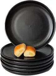 6 Inch Black Ceramic Steak Dinner Plates, Small Round Appetizer Plate, Modern Flat Pasta Dinnerware Dishes Set, Elegant Salad Porcelain Dessert Serving Plates, Microwave Dishwasher Safe (6 Pack)